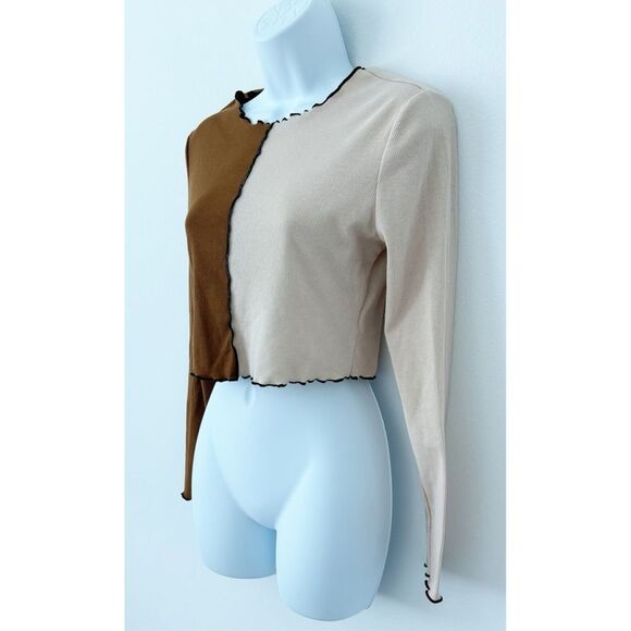 3/$15 SHEIN Two Tone Lettuce Trimmed Long Sleeve Cropped Ribbed Top Size Medium - Picture 4 of 15